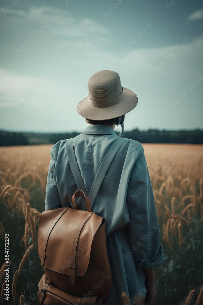 Poster a woman with a hat and a backpack walking through a field of tall grass with a sky in the background