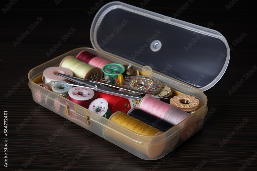 Poster a case filled with lots of different types of thread and spools of thread on a wooden table with sci