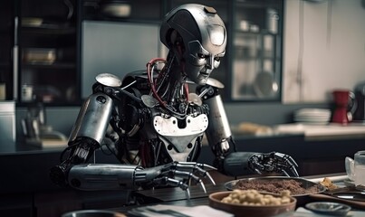 Android robot woman in the kitchen cooking, generative AI