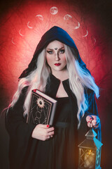 witch dark woman mistery halloween white hair old magic book, moon phases, coven 