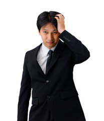 Asian businessman holding his head and making a confused face