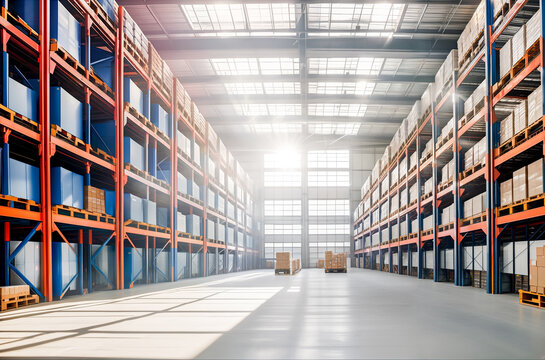 A large, spacious, modern warehouse with panoramic windows and sunlight. Generative AI.