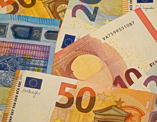 Closeup of weathered Euro bills.  Money, banking concept, cash bills.