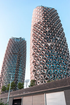 Al Bahr Towers - Modern, energy-efficient, innovative architecture with automatic sun blinds, Abu Dhabi, UAE, Apr.2017