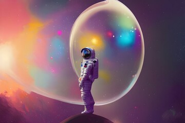 Beautiful painting of an astronaut in in a colorful bubbles galaxy. Generative AI