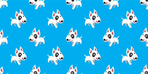 Vector cartoon character bull terrier dog seamless pattern background for design.