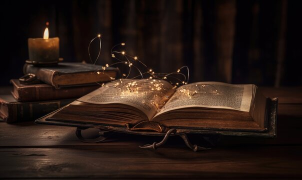 Old Book With Magic Lights On Vintage Table, generative AI
