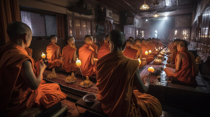 A group of monks sit in a temple with a light shining on them, Generative Ai - obrazy, fototapety, plakaty
