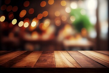 Empty Wooden Table in Restaurant or Cafe with Bokeh Background. Product Mockup