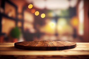 Fototapeta na wymiar Empty Wooden Table in Restaurant or Cafe with Bokeh Background. Product Mockup