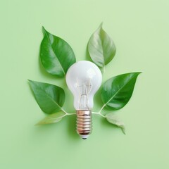 Renewable Energy and Sustainable Living concept depicted by a top view of an Eco-friendly lightbulb made of fresh leaves against a pastel colored backdrop. Generative AI