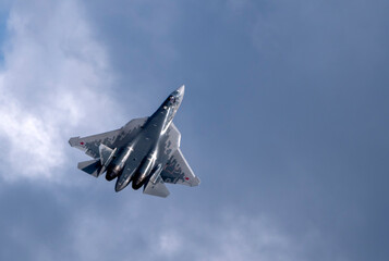 Moscow Russia Zhukovsky Airfield 25 July 2021: Demonstration of the latest Russian SU-57 fighterof the international aerospace salon MAKS-2021