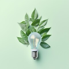 Renewable Energy and Sustainable Living concept depicted by a top view of an Eco-friendly lightbulb made of fresh leaves against a pastel colored backdrop. Generative AI