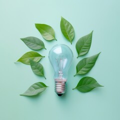 Renewable Energy and Sustainable Living concept depicted by a top view of an Eco-friendly lightbulb made of fresh leaves against a pastel colored backdrop. Generative AI