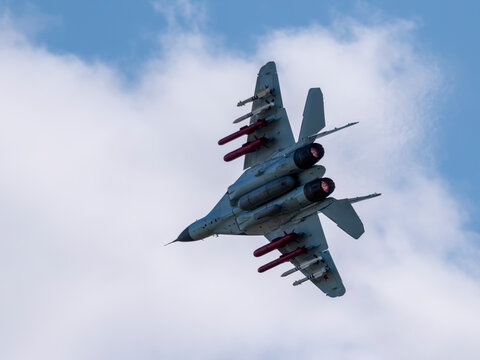 Moscow Russia Zhukovsky Airfield 25 July 2021: aerobatic MiG-35 perfoming demonstration flight of the international aerospace salon MAKS-2021