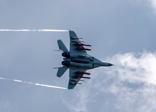 Moscow Russia Zhukovsky Airfield 25 July 2021: aerobatic MiG-35 perfoming demonstration flight of the international aerospace salon MAKS-2021