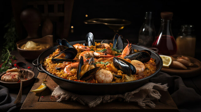 Mediterranean paella with seafood . generative AI