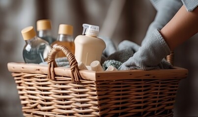 Fototapeta premium Womans hands holding basket with cleaning equipment, A woman is doing spring cleaning, generative AI