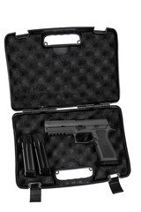 Modern semi-automatic pistol. A short-barreled weapon for self-defense. Arming the police, special units and the army. Weapon in a case for storage and transportation. Isolate on a white back.