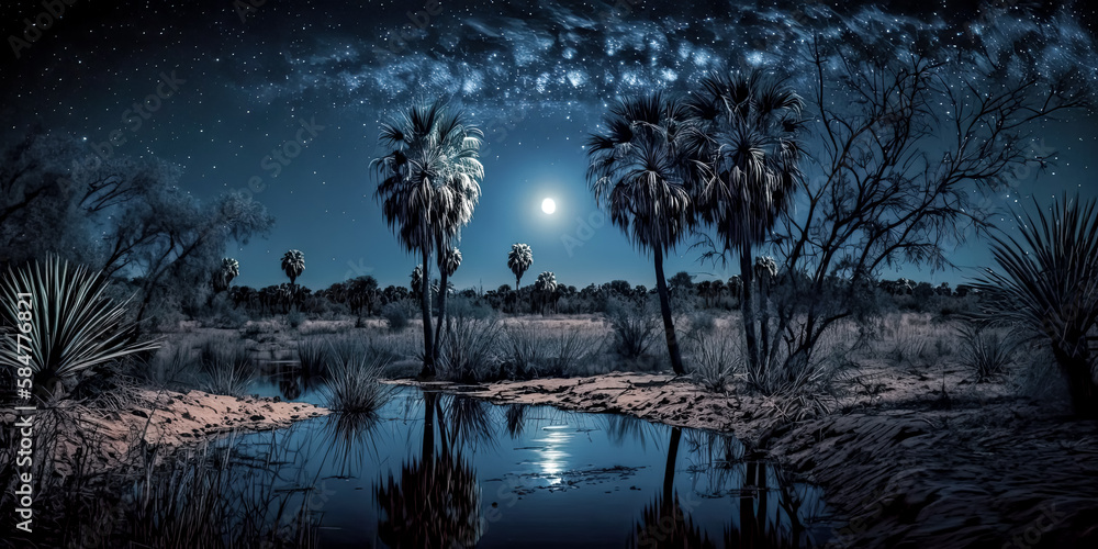 Poster a vibrant landscape of colorful trees and rolling hills is illuminated by the moonlight, creating a 