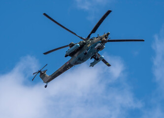 Moscow Russia Zhukovsky Airfield 25 July 2021: attack helicopters Mil Mi-28 of the international aerospace salon MAKS-2021
