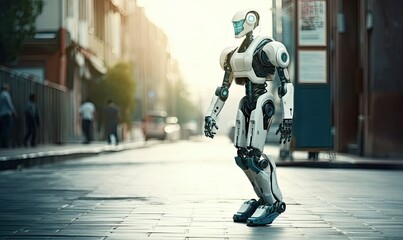 Obraz premium Android robot walk on a street, generative AI