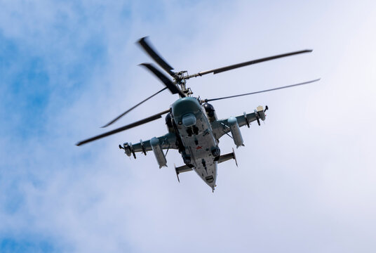 ZHUKOVSKY, RUSSIA - 25 July 2021: Demonstration of the Kamov Ka-52 Alligator attack helicopter of the Russian Air Force at MAKS-2021, Russia