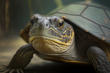Fototapeta premium Cute portrait of turtle in zoo. Ai generated.