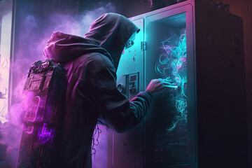 A cyberpunk hacker attempting to break into a digitally locked safe. AI generated.