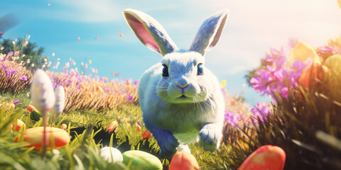 A cute rabbit hopping through a meadow of spring flowers, Generative AI