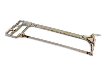 Silvery old hacksaw on a white background isolated - obrazy, fototapety, plakaty