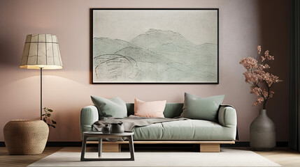 Bohemian Interior Design Style living room in pastel colors mock-up with frame for picture generative ai