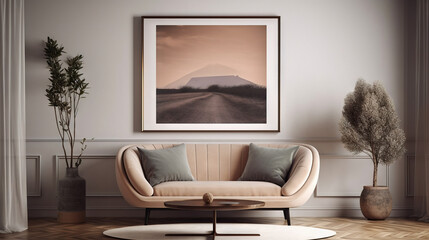 Bohemian Interior Design Style living room in pastel colors mock-up with frame for picture generative ai