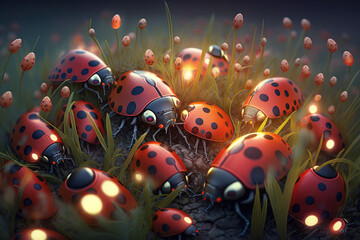 Open ground with a lot of ladybugs in twilight illumination. Ai generated.