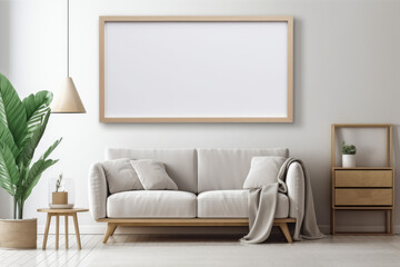 Blank picture mockup frame on wall in modern interior. Poster artwork mock up showcase template, generative, ai