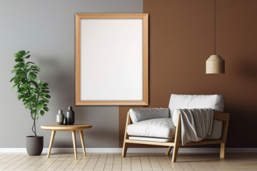 Blank picture mockup frame on wall in modern interior. Poster artwork mock up showcase template, generative, ai