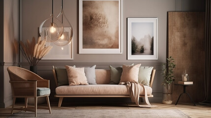 Bohemian Interior Design Style living room in pastel colors mock-up with frame for picture generative ai