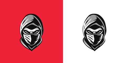 Bandit face in mask, vector sign isolated on white background. Angry fighter logo. Game character human head symbol. Thief illustration set. Cartoon bad man in balaclava. Ninja style © SD Danver