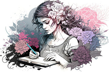 Girl writing a book. Paint art by AI. Ai generated. 