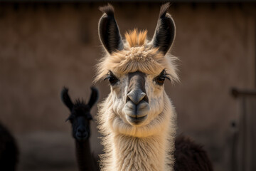 Portrait of lama in zoo. AI generated. 