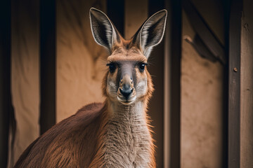 Portrait of lama in zoo. AI generated. 