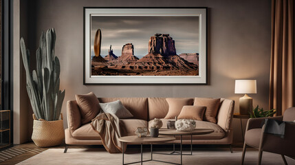 Bohemian Interior Design Style living room in pastel colors mock-up with frame for picture generative ai