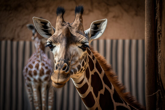 Portrait of giraffe in zoo. Ai generated.
