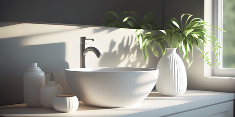 Fototapeta na wymiar 3D styled art illustration an empty white vanity counter with ceramic washbasin and modern style faucet in a bathroom with morning sunlight and shadow. Products display mockup. Generative Ai.
