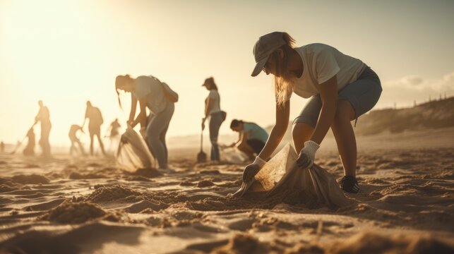 Group of eco volunteers picking up plastic trash on the beach - Activist people collecting garbage protecting the planet, Ocean pollution, environmental conservation and ecology concept, GENERATIVE AI