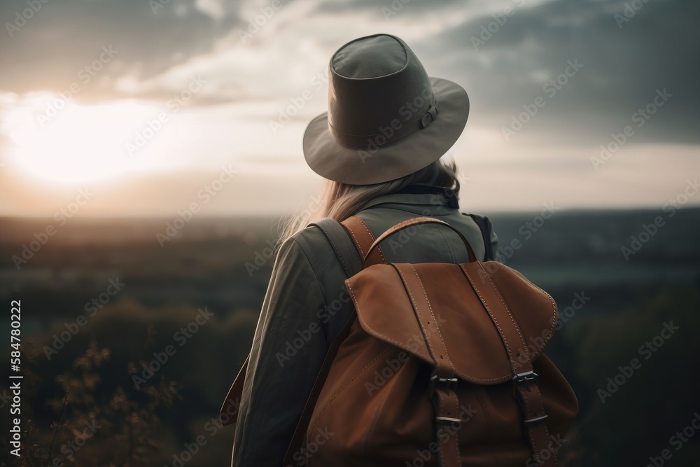 Poster a person with a backpack and a hat looking out at the sun in the distance with a cloudy sky in the b