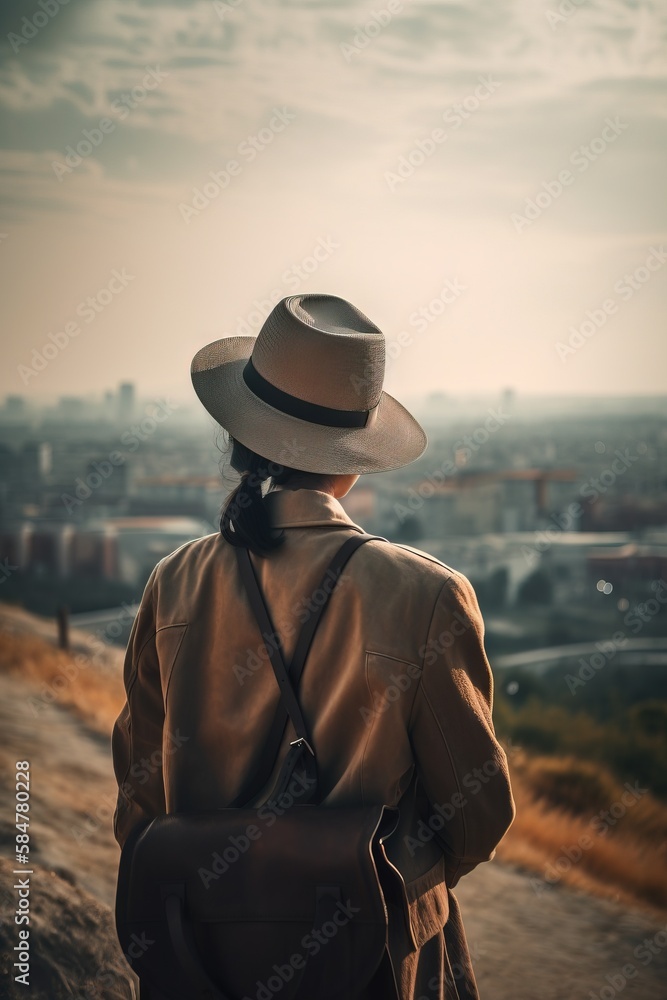 Poster a person with a hat and a backpack walking down a path with a view of a city in the distance in the 