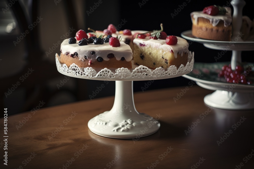 Aufkleber a cake on a cake plate with a slice missing from it and another cake on a plate with a slice missing