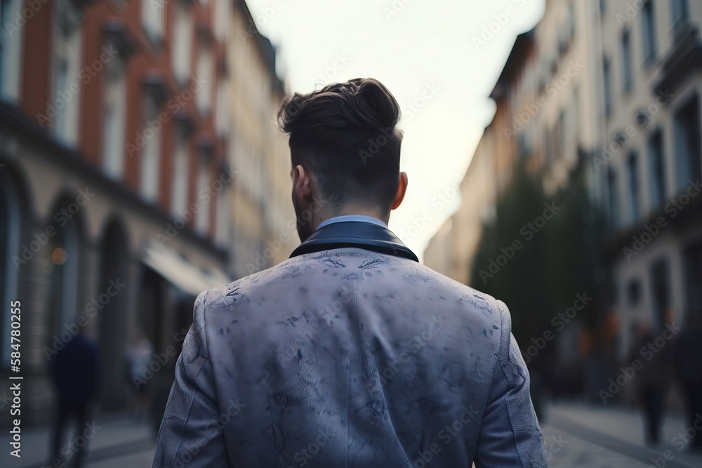 Poster a man in a suit walking down a street in front of a tall building with a clock on the side of it's f