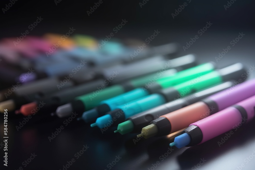 Poster a group of crayons sitting on top of a table next to a black table top with a black surface and a bl